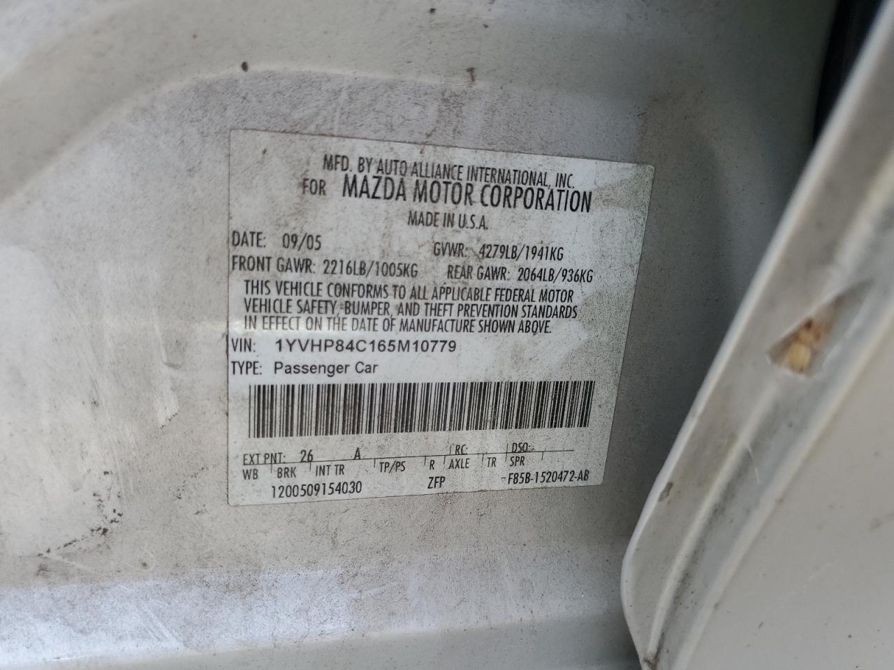 2006 Mazda 6 I VIN: 1YVHP84C165M10779 Lot: 81669855