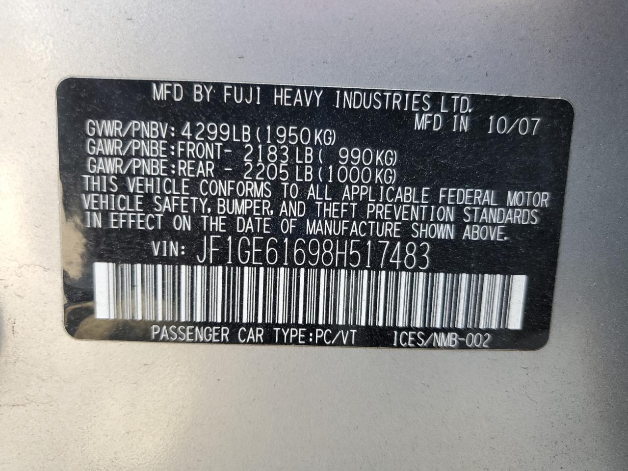 2008 Subaru Impreza 2.5I VIN: JF1GE61698H517483 Lot: 80617955