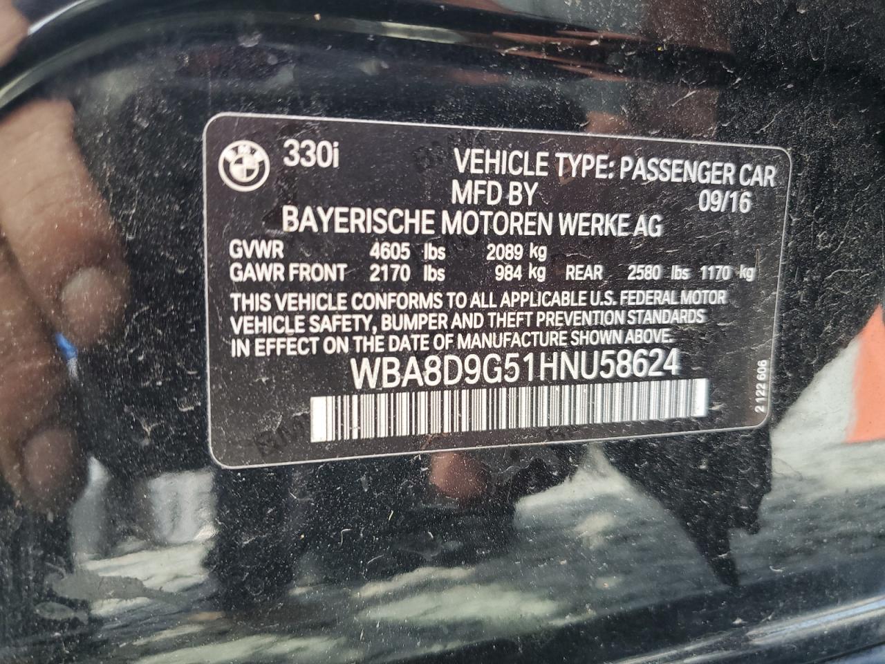 2017 BMW 330 Xi VIN: WBA8D9G51HNU58624 Lot: 81450315