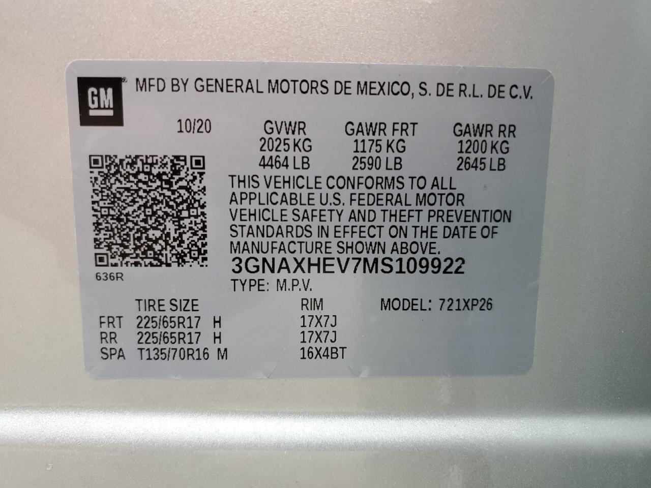 2021 Chevrolet Equinox Ls VIN: 3GNAXHEV7MS109922 Lot: 83829105