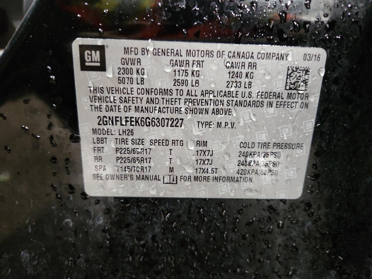 2016 Chevrolet Equinox Lt VIN: 2GNFLFEK6G6307227 Lot: 81275125