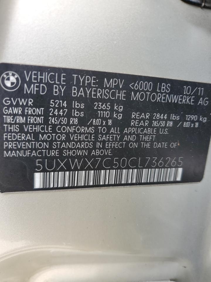 2012 BMW X3 xDrive35I VIN: 5UXWX7C50CL736265 Lot: 80011575