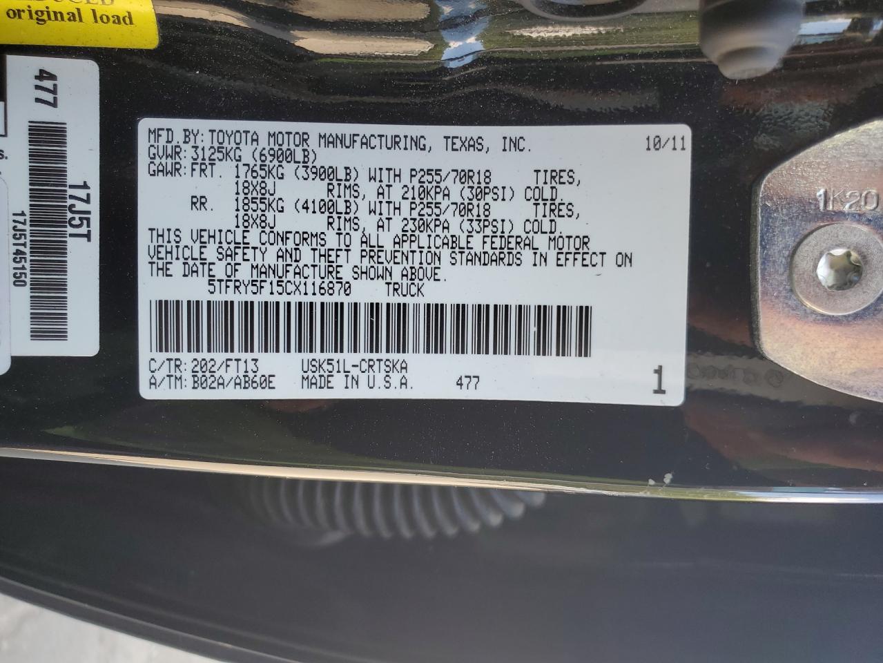 2012 Toyota Tundra Double Cab Sr5 VIN: 5TFRY5F15CX116870 Lot: 71394225