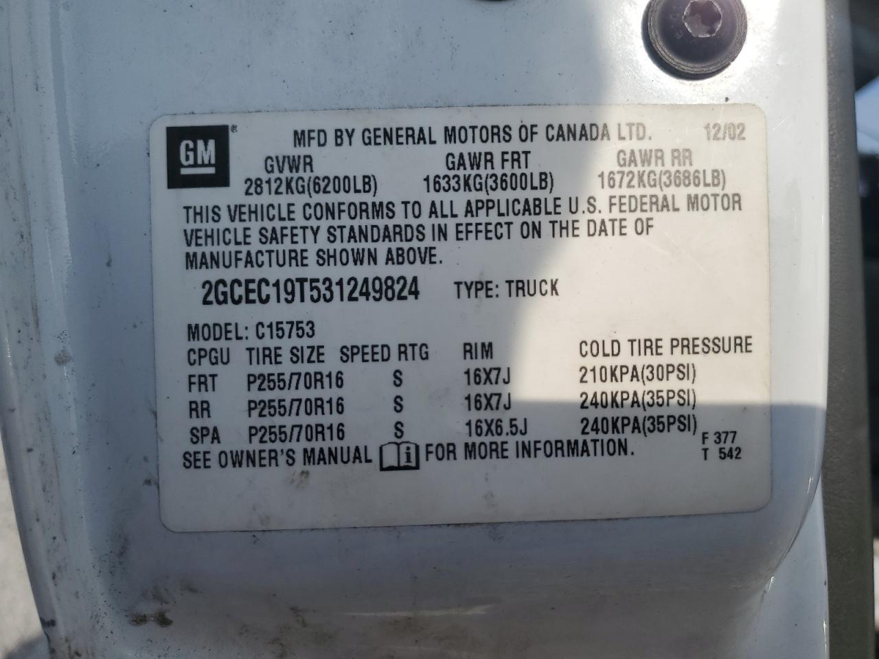 2003 Chevrolet Silverado C1500 VIN: 2GCEC19T531249824 Lot: 80340355