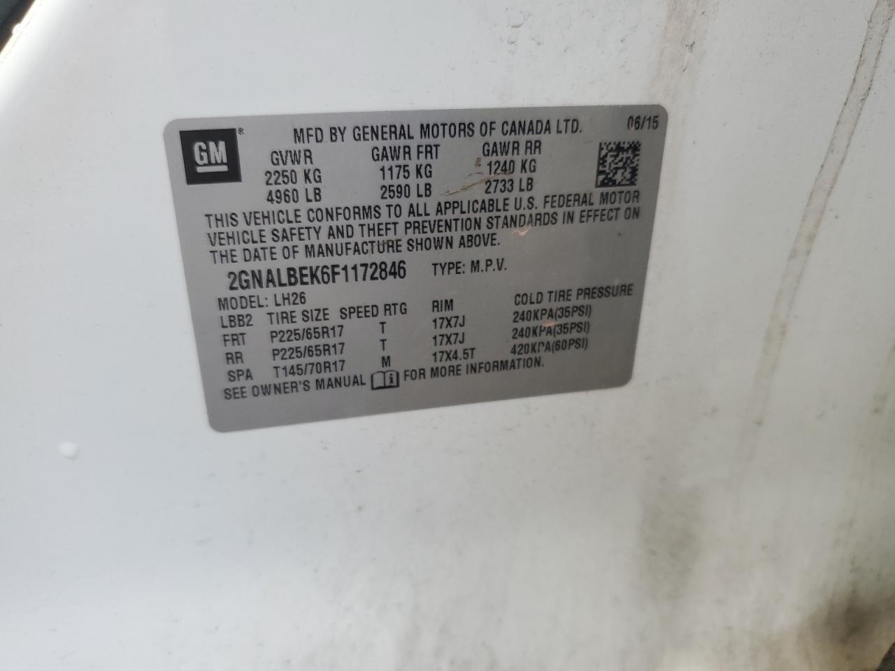 2015 Chevrolet Equinox Lt VIN: 2GNALBEK6F1172846 Lot: 81658695