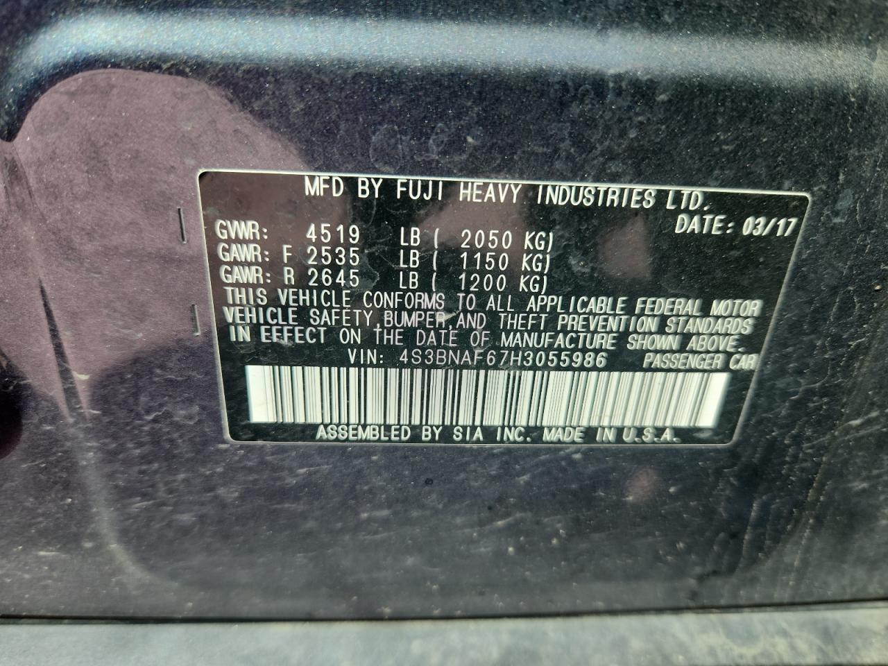 2017 Subaru Legacy 2.5I Premium VIN: 4S3BNAF67H3055986 Lot: 84052365