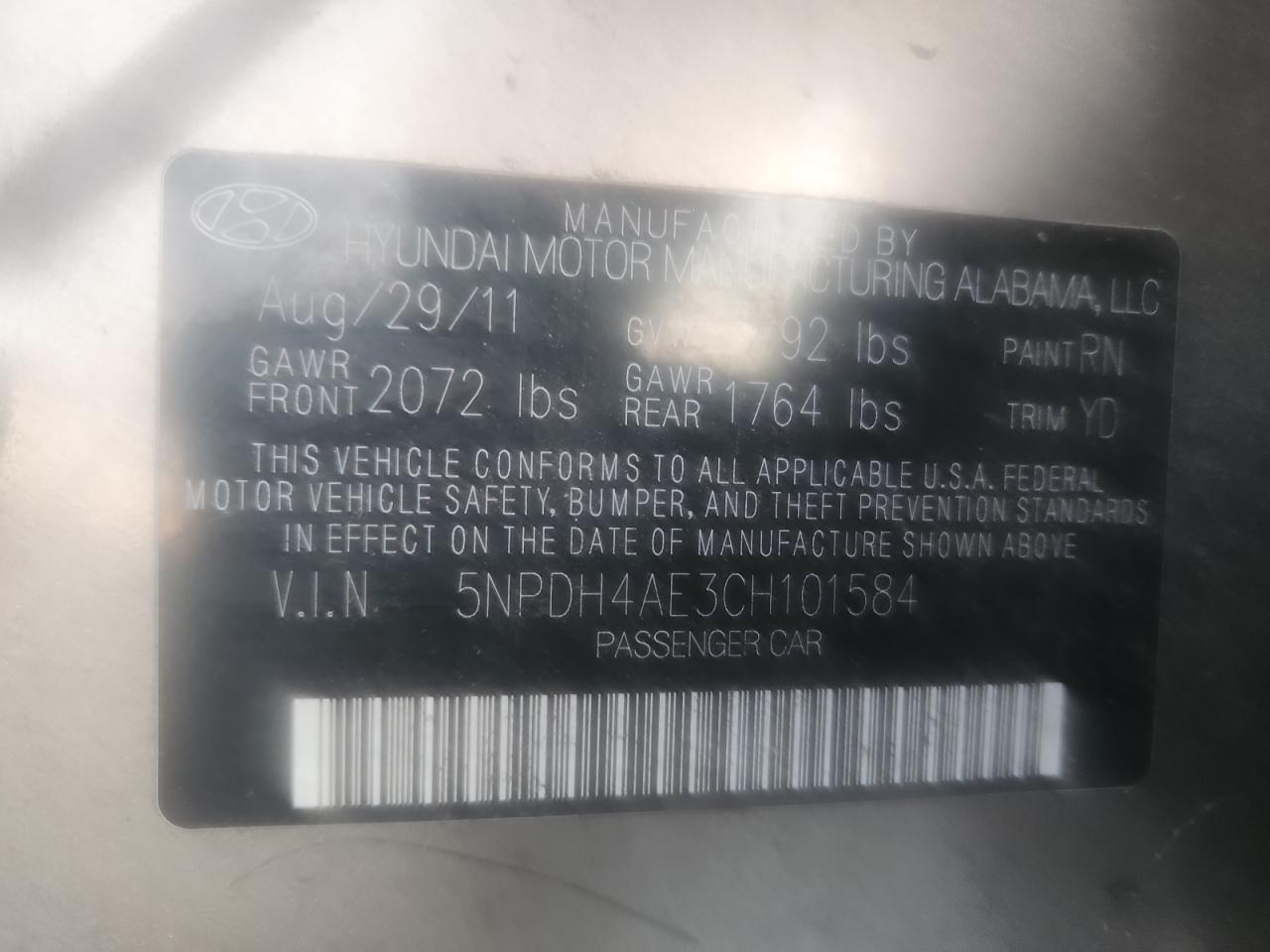 2012 Hyundai Elantra Gls VIN: 5NPDH4AE3CH101584 Lot: 80280065