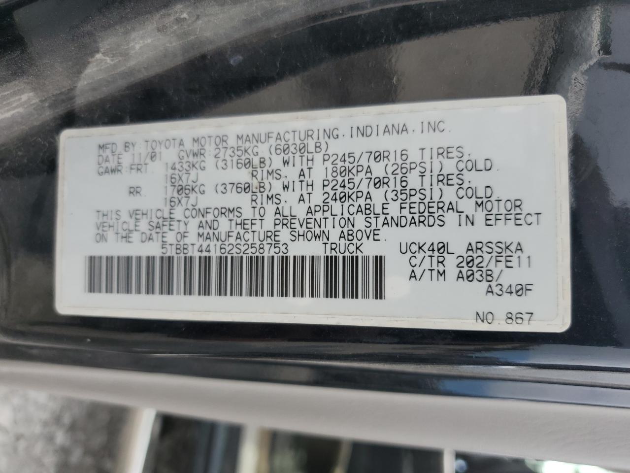 2002 Toyota Tundra Access Cab VIN: 5TBBT44162S258753 Lot: 81185065