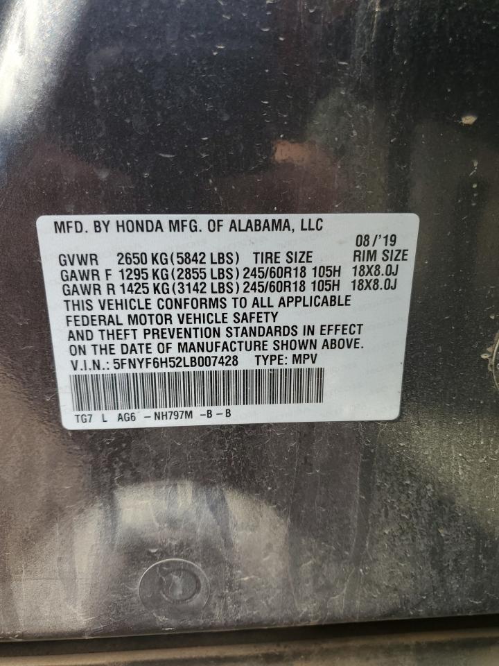 2020 Honda Pilot Exl VIN: 5FNYF6H52LB007428 Lot: 71036745