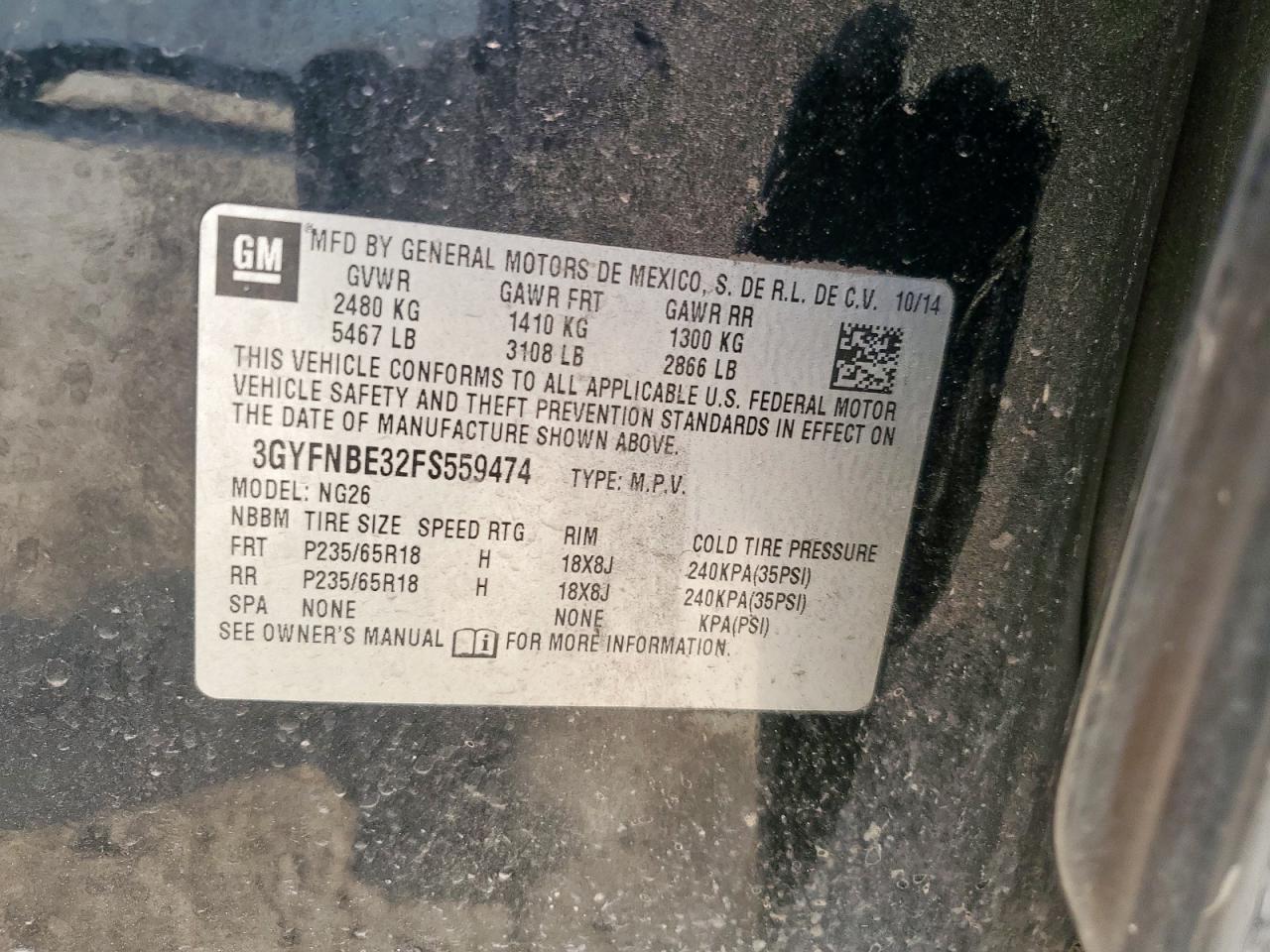 2015 Cadillac Srx Luxury Collection VIN: 3GYFNBE32FS559474 Lot: 80914055