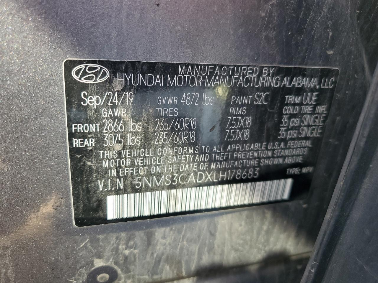 2020 Hyundai Santa Fe Sel VIN: 5NMS3CADXLH178683 Lot: 70299465