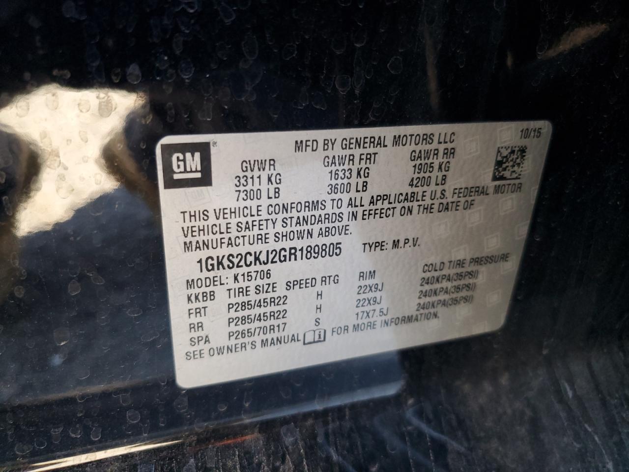2016 GMC Yukon Denali VIN: 1GKS2CKJ2GR189805 Lot: 82126655