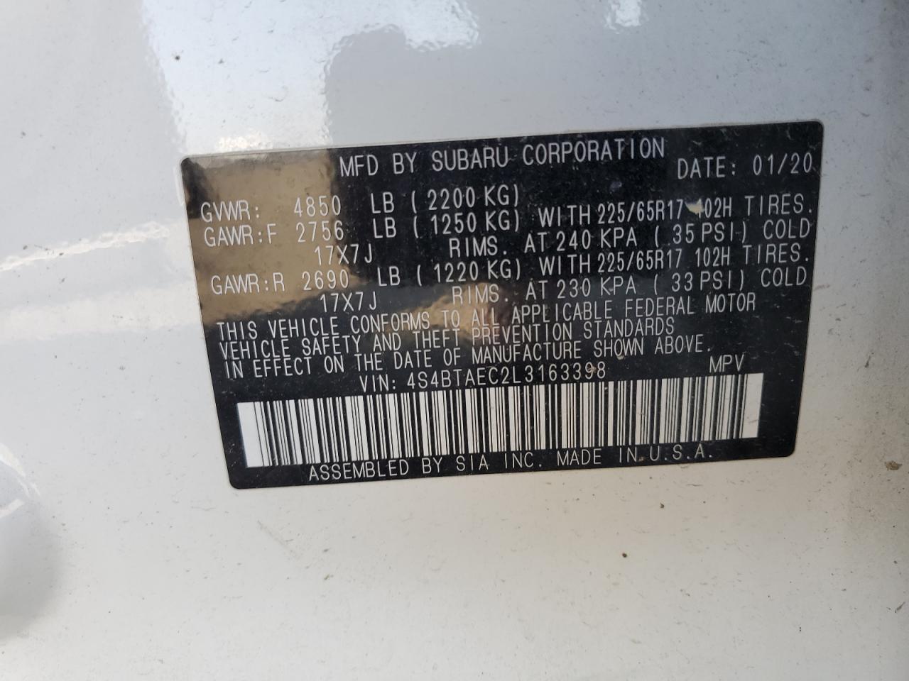 2020 Subaru Outback Premium VIN: 4S4BTAEC2L3163398 Lot: 81608925