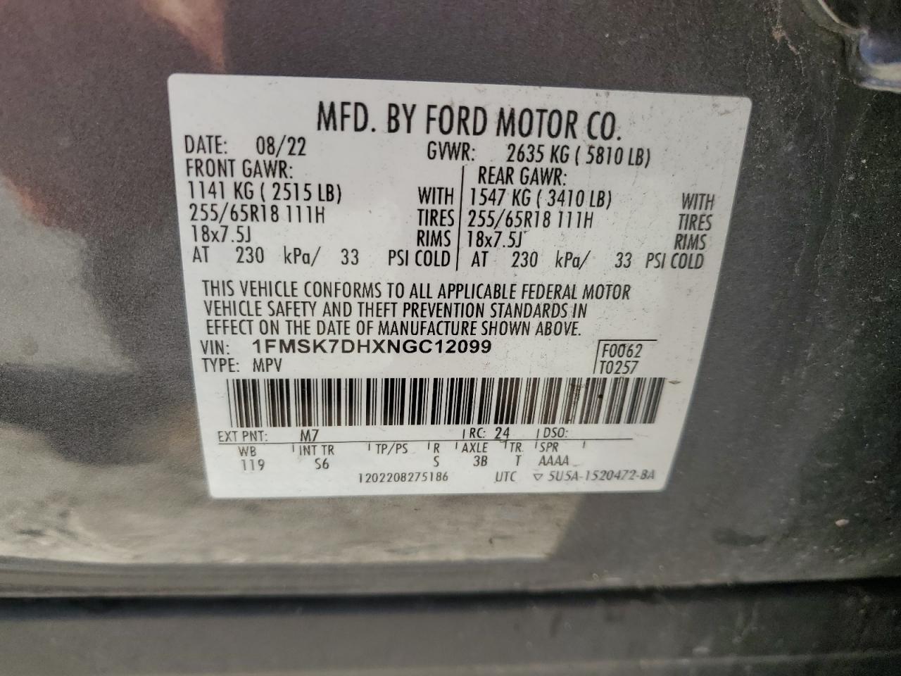 2022 Ford Explorer Xlt VIN: 1FMSK7DHXNGC12099 Lot: 70326035