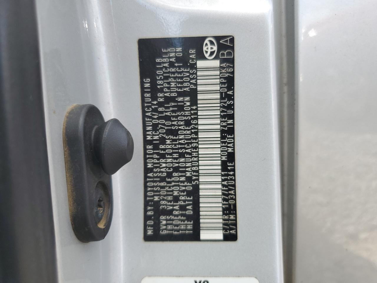 2014 Toyota Corolla L VIN: 5YFBURHE9EP126114 Lot: 81948495