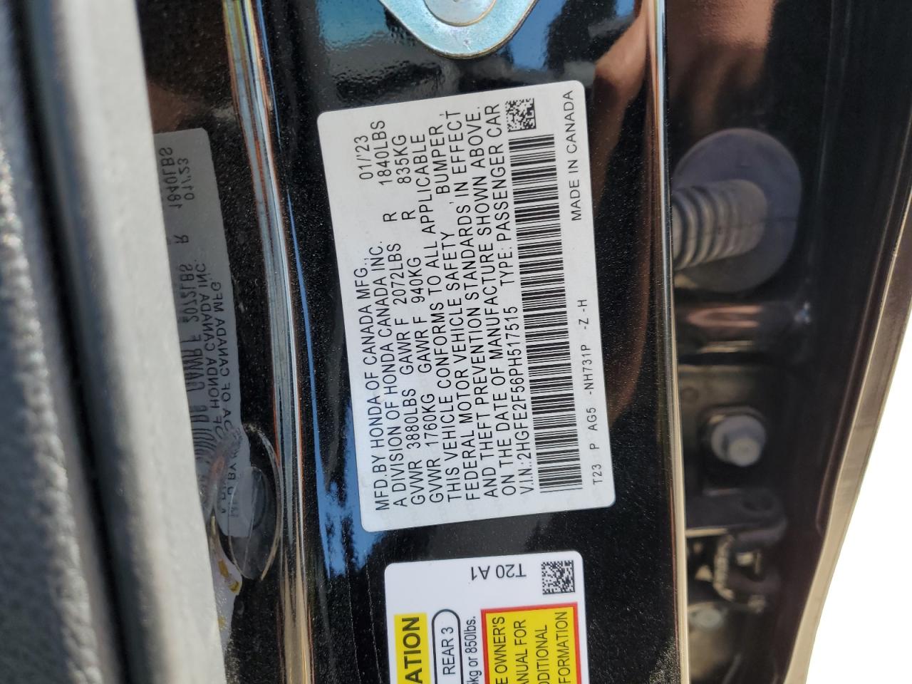 2023 Honda Civic Sport VIN: 2HGFE2F56PH517515 Lot: 71210835