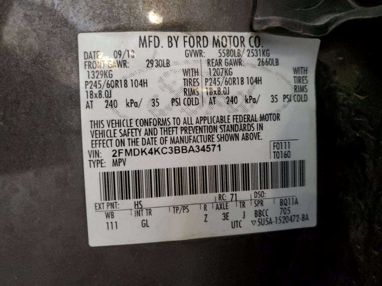 2011 Ford Edge Limited VIN: 2FMDK4KC3BBA34571 Lot: 80270615