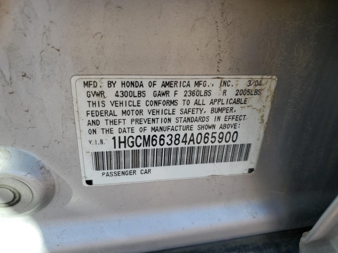 2004 Honda Accord Lx VIN: 1HGCM66384A065900 Lot: 84013045