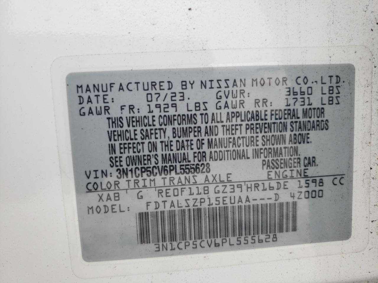 2023 Nissan Kicks Sv VIN: 3N1CP5CV6PL555628 Lot: 81752325