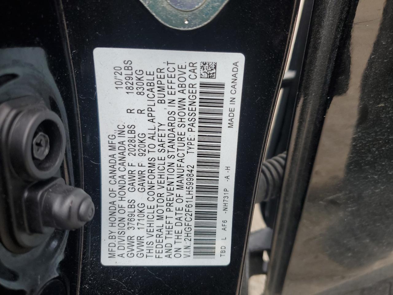 2020 Honda Civic Lx VIN: 2HGFC2F61LH599842 Lot: 71021425