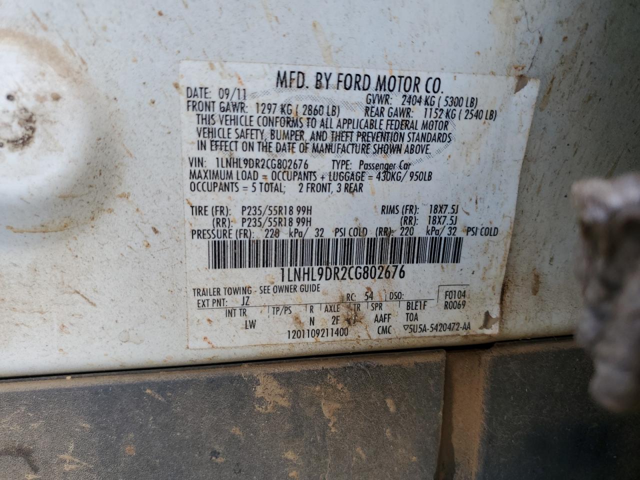 2012 Lincoln Mks VIN: 1LNHL9DR2CG802676 Lot: 72037265