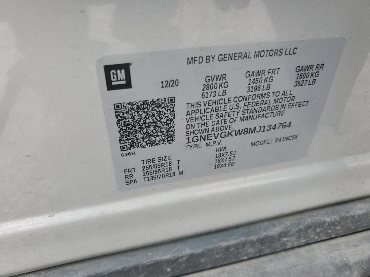 2021 Chevrolet Traverse Lt VIN: 1GNEVGKW8MJ134764 Lot: 70675275