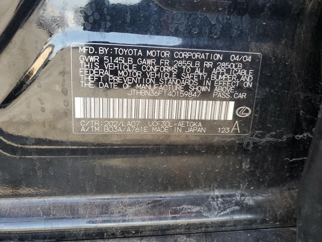 2004 Lexus Ls 430 VIN: JTHBN36F140159847 Lot: 81140335