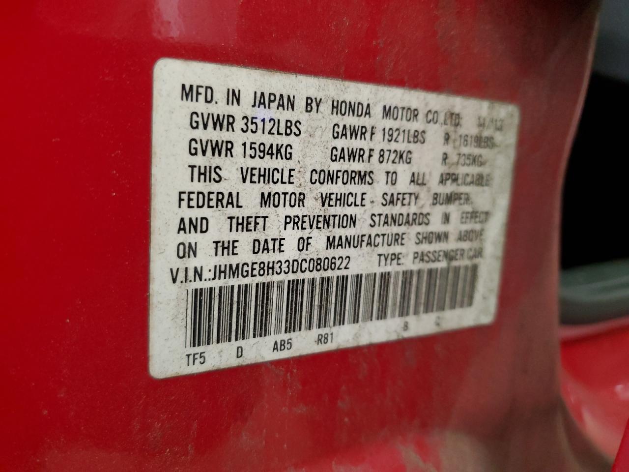 2013 Honda Fit VIN: JHMGE8H33DC080622 Lot: 80543995