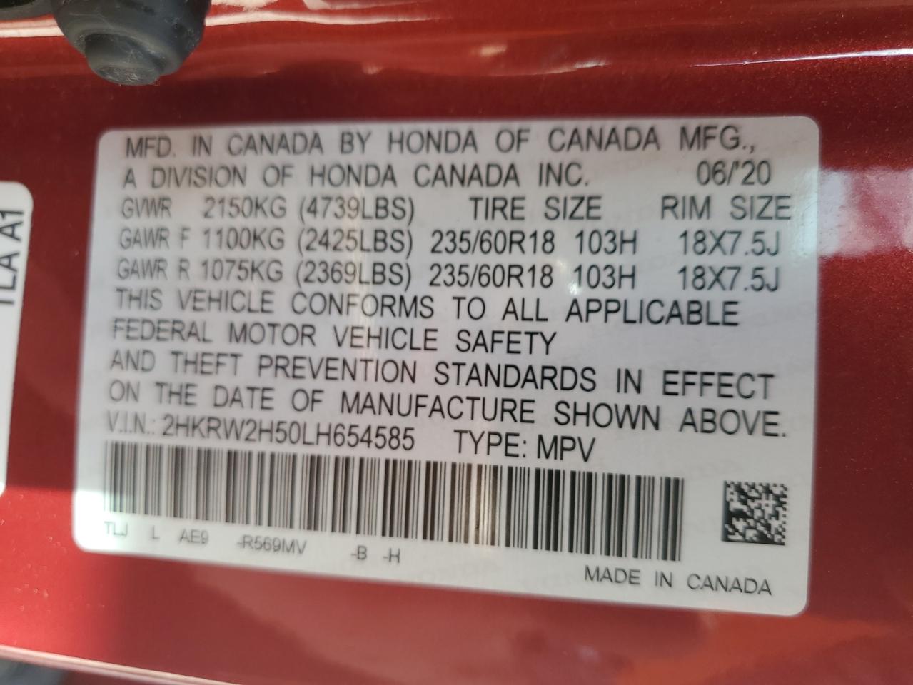 2020 Honda Cr-V Ex VIN: 2HKRW2H50LH654585 Lot: 84398085