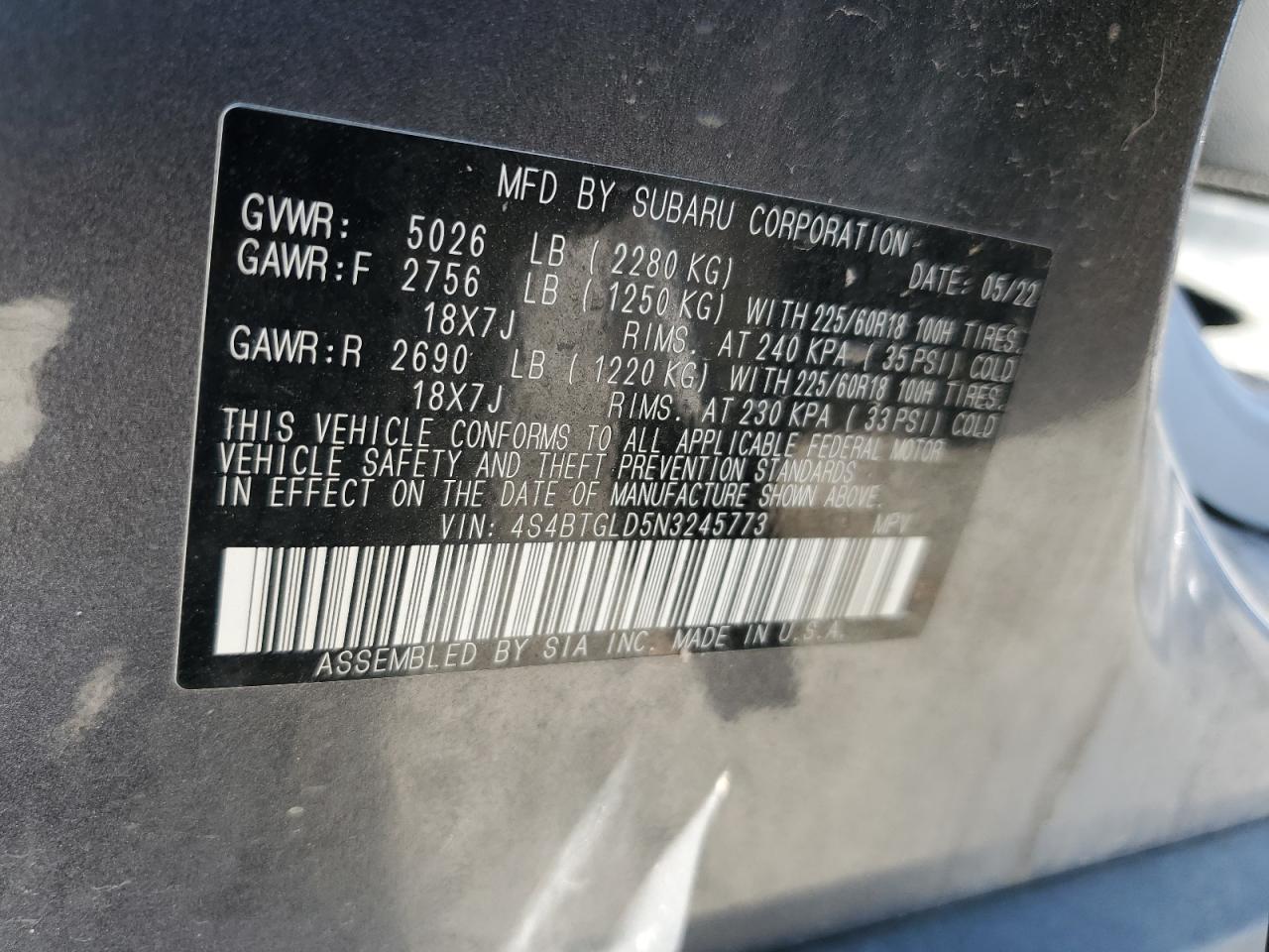 2022 Subaru Outback Onyx Edition Xt VIN: 4S4BTGLD5N3245773 Lot: 82171255