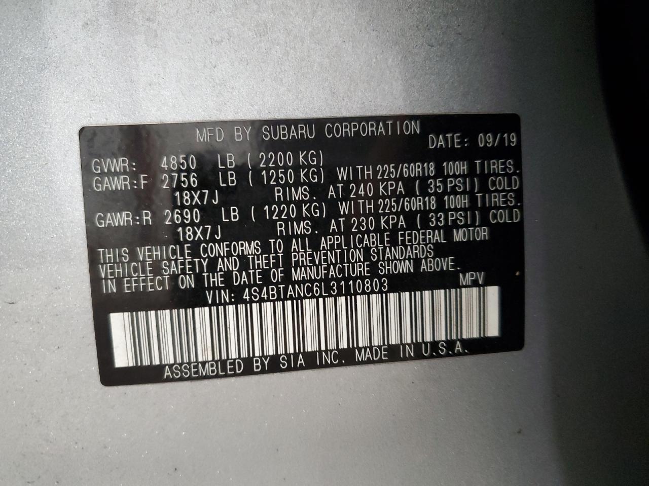 2020 Subaru Outback Limited VIN: 4S4BTANC6L3110803 Lot: 81785215