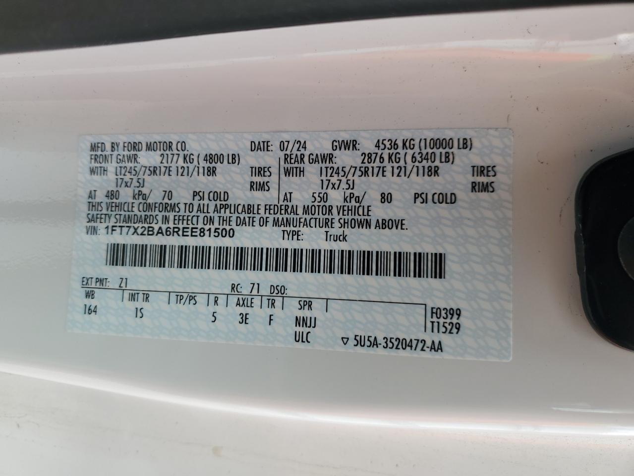 2024 Ford F250 Super Duty VIN: 1FT7X2BA6REE81500 Lot: 81200095