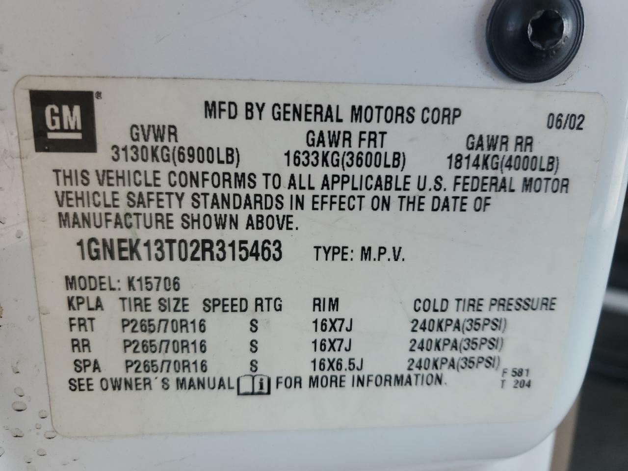 2002 Chevrolet Tahoe K1500 VIN: 1GNEK13T02R315463 Lot: 84622345