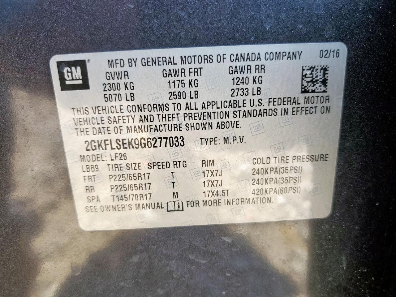 2016 GMC Terrain Sle VIN: 2GKFLSEK9G6277033 Lot: 70834315