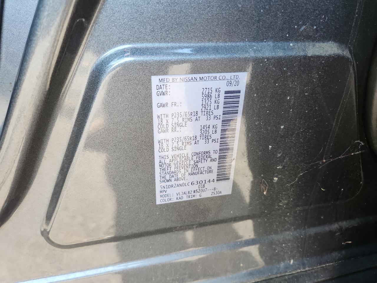 2020 Nissan Pathfinder S VIN: 5N1DR2AN0LC630144 Lot: 81491505