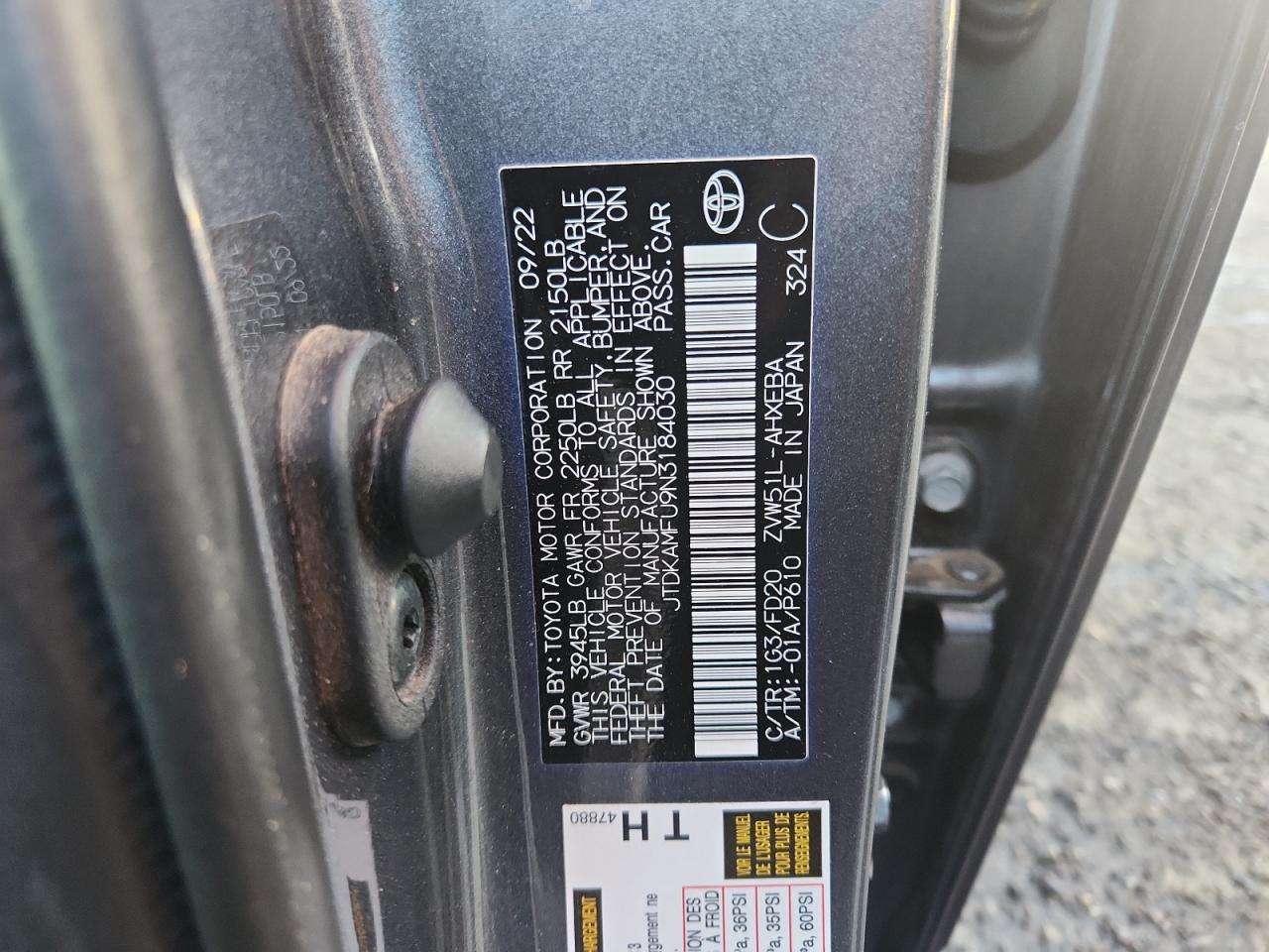 2022 Toyota Prius Night Shade VIN: JTDKAMFU9N3184030 Lot: 80208115