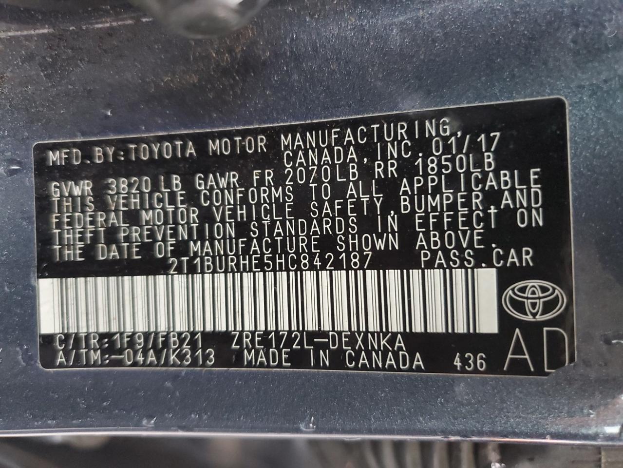 2017 Toyota Corolla L VIN: 2T1BURHE5HC842187 Lot: 84276675