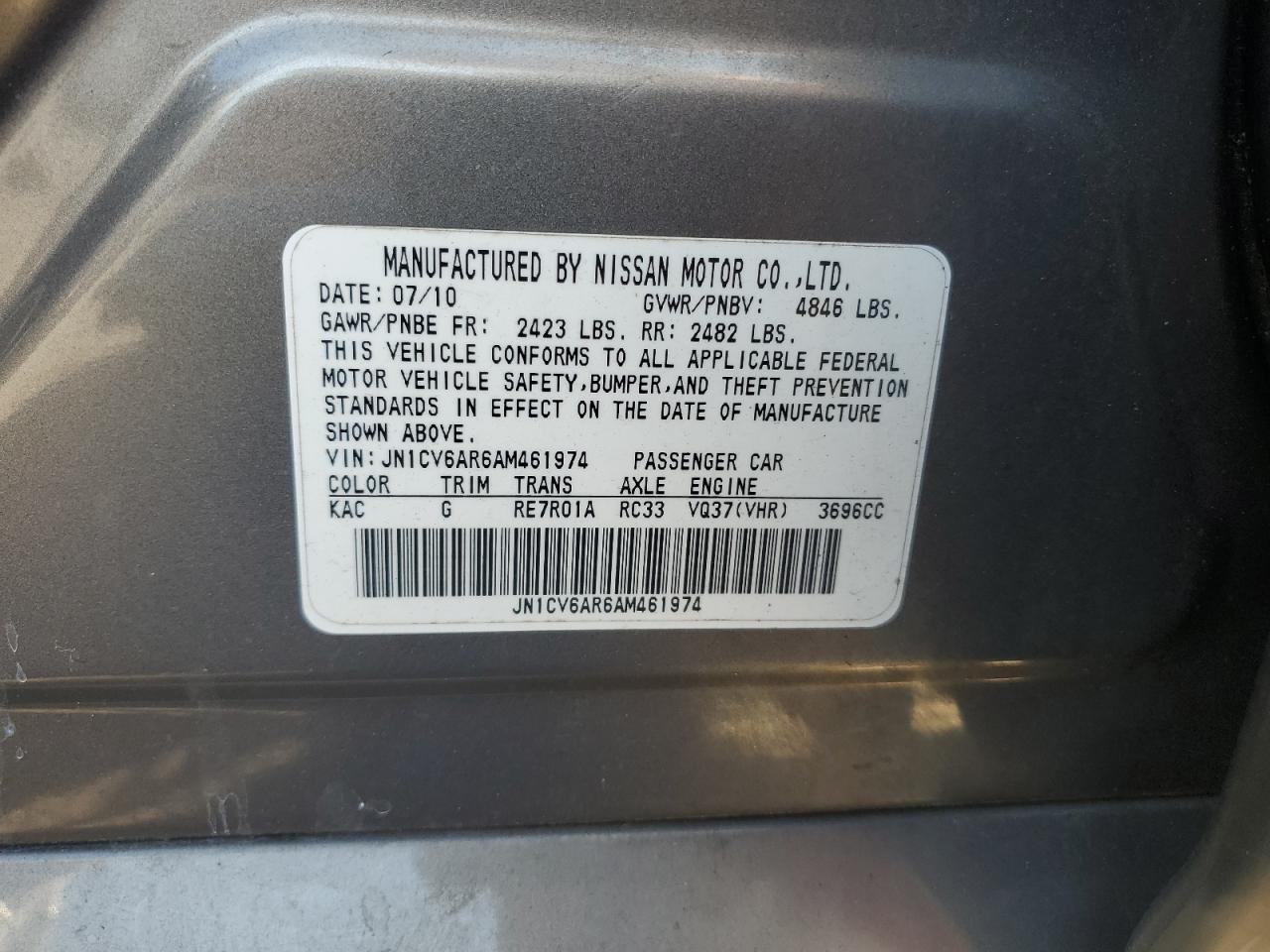 2010 Infiniti G37 VIN: JN1CV6AR6AM461974 Lot: 80384025