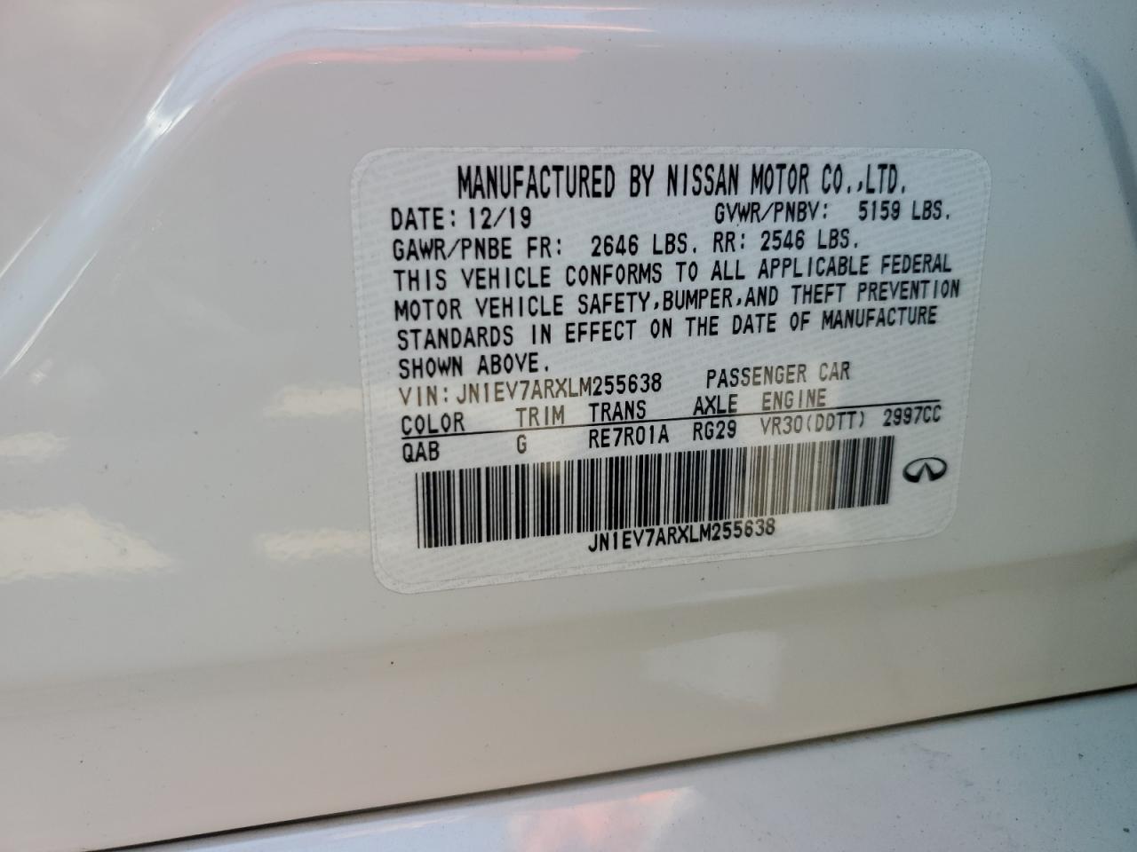 2020 Infiniti Q50 Pure VIN: JN1EV7ARXLM255638 Lot: 70719805