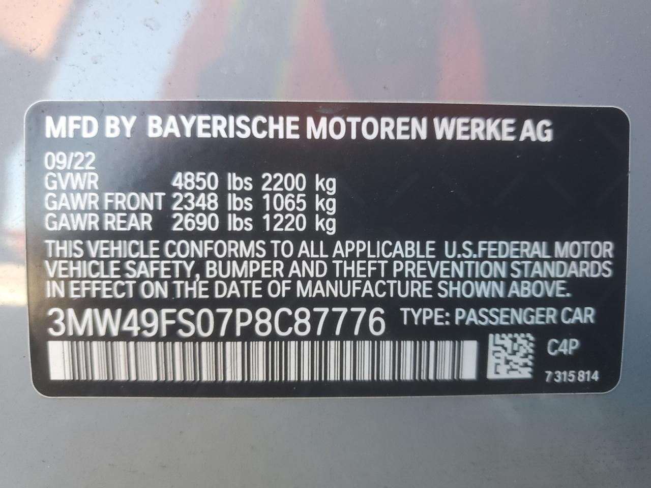 2023 BMW M340I VIN: 3MW49FS07P8C87776 Lot: 84259985