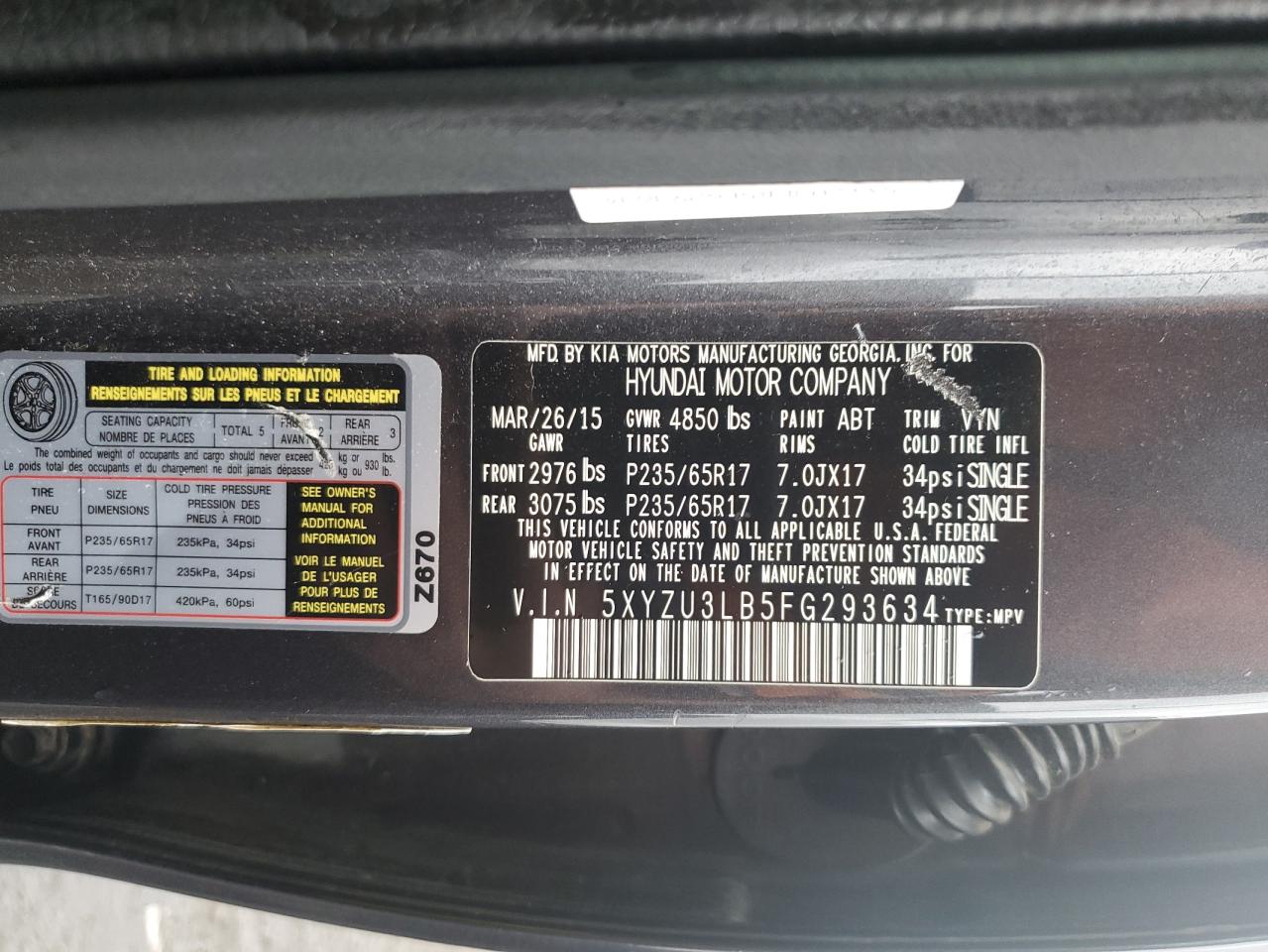 2015 Hyundai Santa Fe Sport VIN: 5XYZU3LB5FG293634 Lot: 83956005