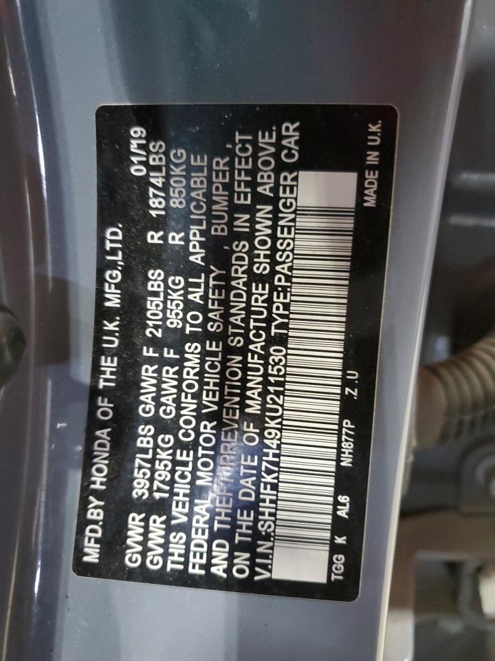 2019 Honda Civic Sport VIN: SHHFK7H49KU211530 Lot: 81328545