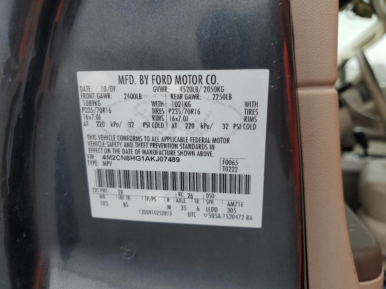 2010 Mercury Mariner Premier VIN: 4M2CN8HG1AKJ07489 Lot: 84572165