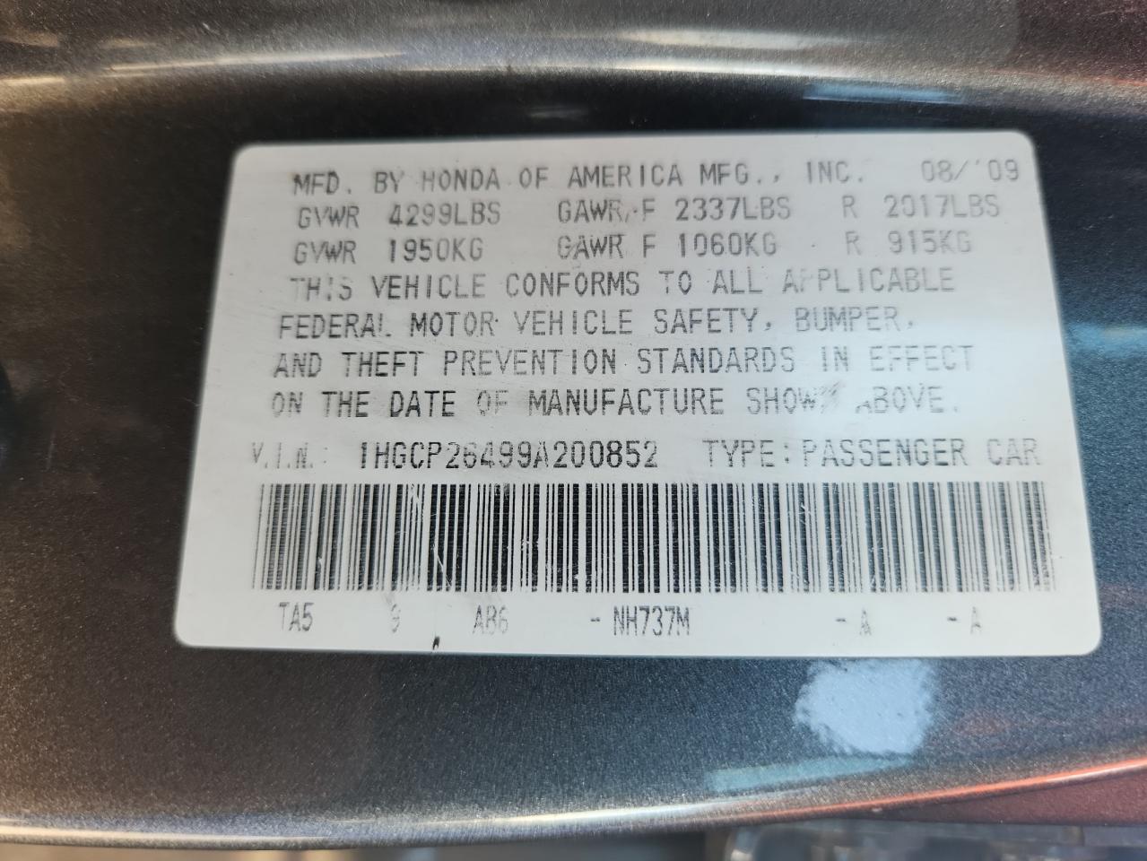 2009 Honda Accord Lxp VIN: 1HGCP26499A200852 Lot: 84038265