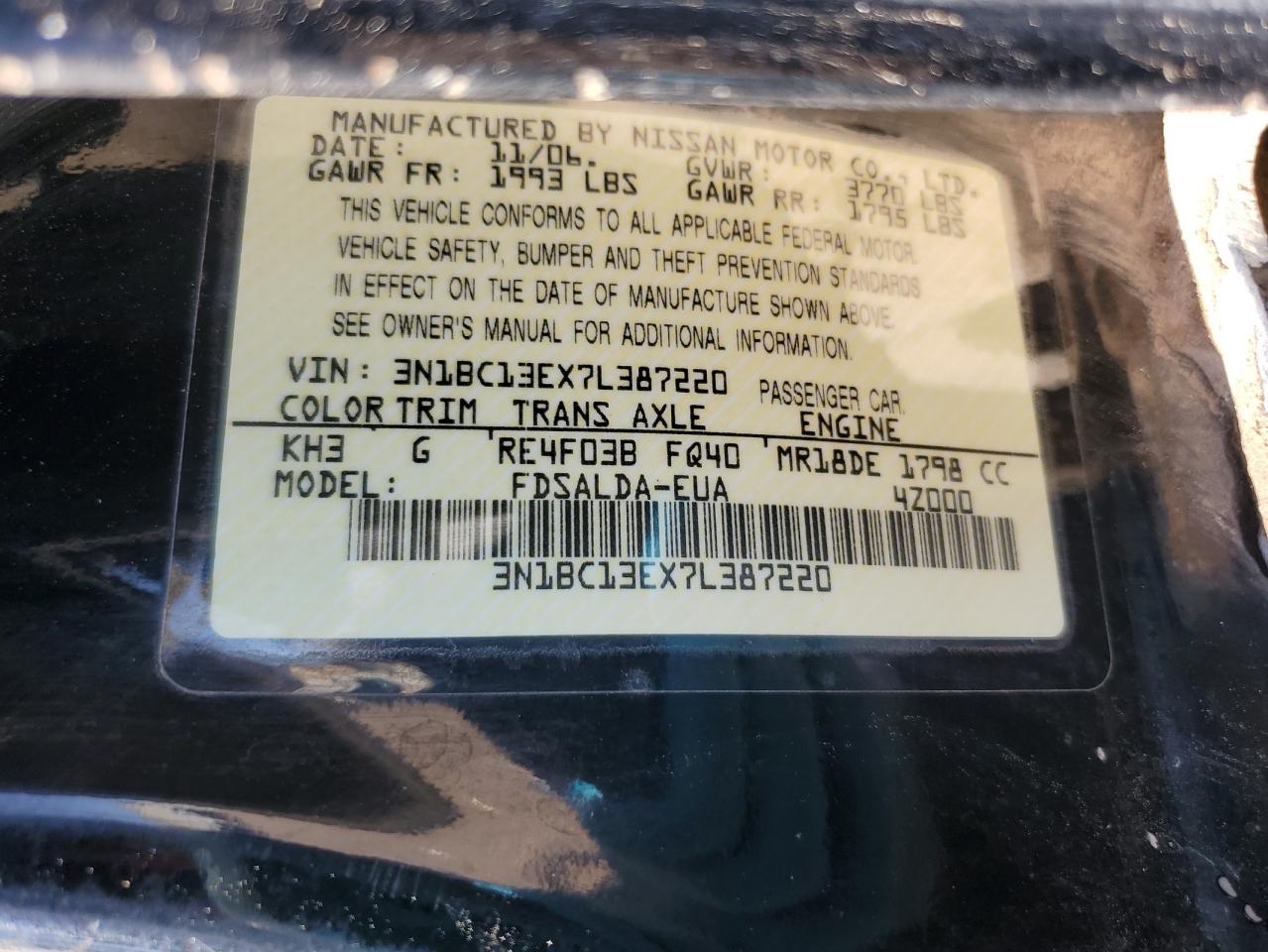 2007 Nissan Versa S VIN: 3N1BC13EX7L387220 Lot: 80712355