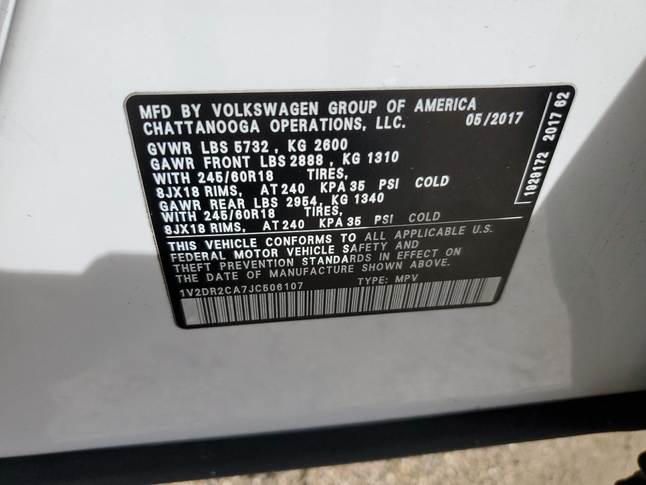 2018 Volkswagen Atlas Se VIN: 1V2DR2CA7JC506107 Lot: 82087765