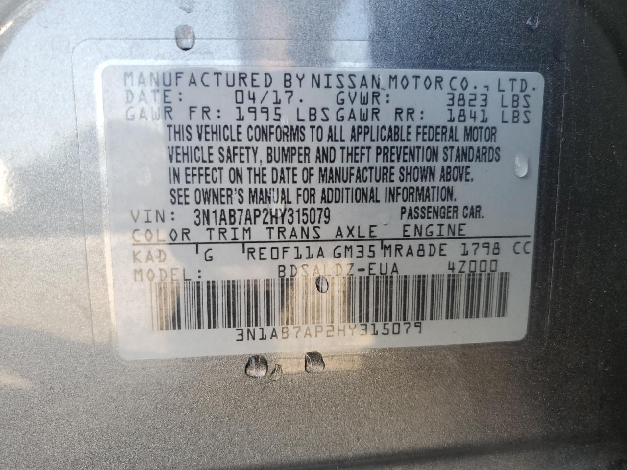 2017 Nissan Sentra S VIN: 3N1AB7AP2HY315079 Lot: 80542285