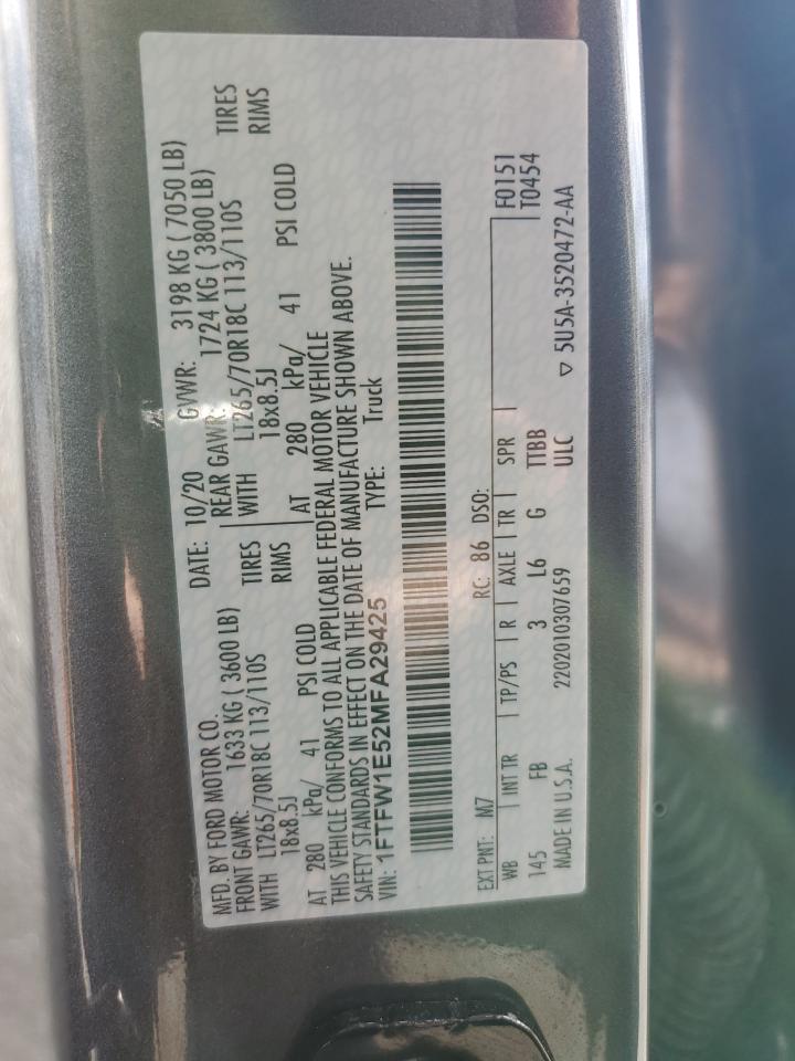 2021 Ford F150 Supercrew VIN: 1FTFW1E52MFA29425 Lot: 81008345