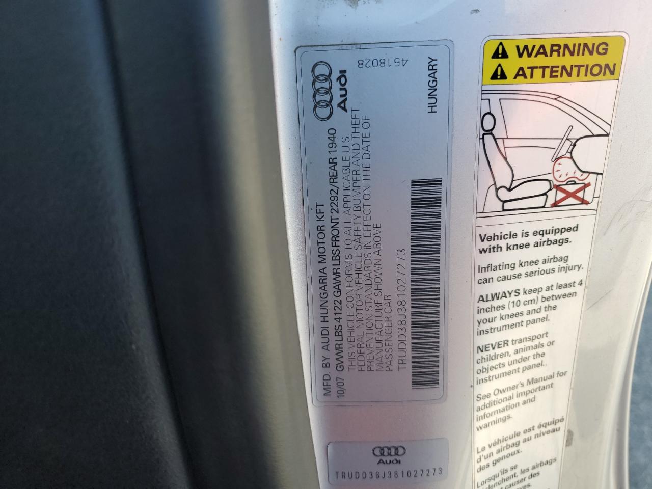 2008 Audi Tt 3.2 Quattro VIN: TRUDD38J381027273 Lot: 80478725