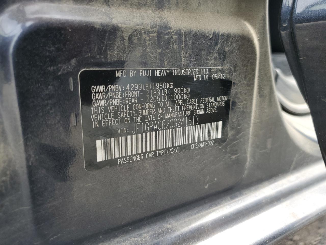 2012 Subaru Impreza Premium VIN: JF1GPAC62CG241513 Lot: 80306355
